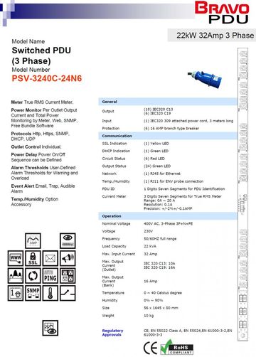 DGP-PSV-3240C-24N6 Switched PDU 22kW 32Amp 3 Phase 24孔三相排插智慧型遠端電源監控器-可遠端控制各個插座開關產品圖
