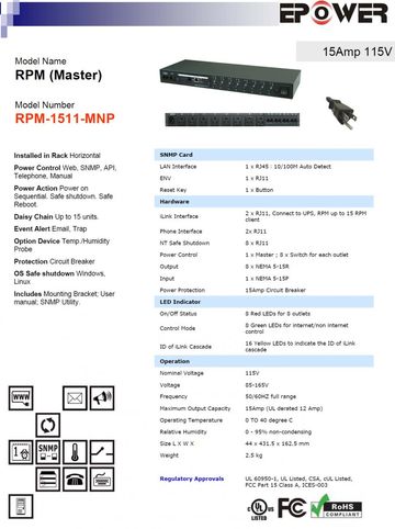 DGP-RPM-1511-MNP RPM (Master) 15Amp 115V 8孔排插智慧型電源電力管理系統-可利用電腦網路及手機監控產品圖