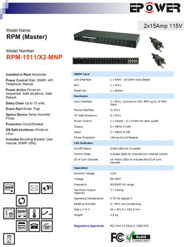 DGP-RPM-1511/X2-MNP RPM (Master) 2x15Amp 115V 8孔排插(雙電源輸入)智慧型電源電力管理系統-可利用電腦網路及手機監控產品圖