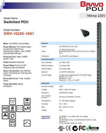 DGP-SWV-1623K-16N1 Switched PDU 16Amp 230V 16孔排插智慧型遠端電源監控器-可遠端控制各個插座開關產品圖