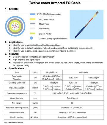 DJ-FO-12 12芯金屬鎧裝光纜 Twelve cores Armored FO Cable產品圖