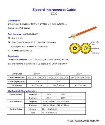 Hosiwell-41003-ll-05-V Tight buffer 50/125 OM2 fiber, Ø2.0mm, Figure 8 structure, PVC jacket.雙芯緊式光纜產品圖