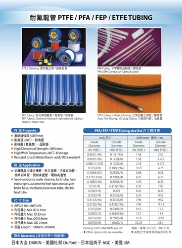 鐵氟龍管 PTFE / PFA / FEP / ETFE TUBING 耐高溫260℃、耐高壓 耐強酸( 氰氟酸)、超耐磨