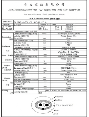 RS485 1PAIR Awg22 x 1P RS-485 1對 電腦專用線 120 歐姆