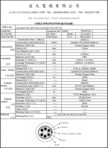 RS485-3P RS-485 Awg 22 x 3P RS-485 3對電腦專用線 120 歐姆