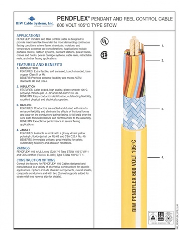 Portable Power Cable > Pendflex Control Cable 600 VOLT 105°C TYPE STOW 吊車和捲軸控制電纜產品圖