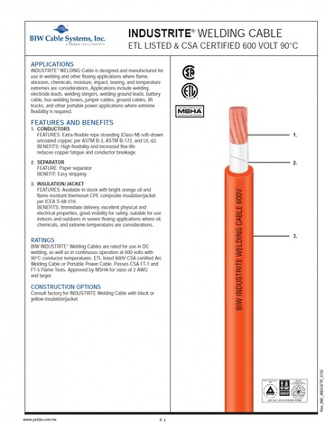 BIW, Portable Power Cable, Seacoast-029452,  Industrite Welding Cable ETL LISTED & CSA CERTIFIED 600 VOLT 90°C 工業用電焊電纜產品圖