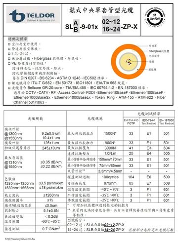 SLA-9JPX02 9/125-鬆式 2芯單模非金屬防鼠咬光纖(可選擇耐燃低煙無毒材質,金屬鎧裝,或架空自持型結構) 2C Single Mode Compact Loose Central Tube Fiberoptic Cable