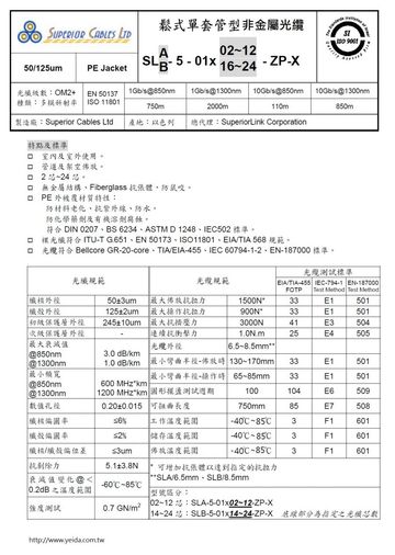 SLA-5JPX04 50/125-鬆式 4芯多模非金屬防鼠咬光纖(可選擇耐燃低煙無毒材質,金屬鎧裝,或架空自持型結構) 4C Muti Mode Compact Loose Central Tube Fiberoptic Cable