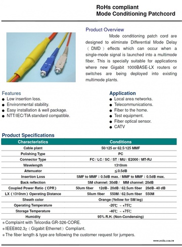 UNI -Optical Fiber Mode Conditioning Patchcord 單多模光纖轉換跳接線產品圖