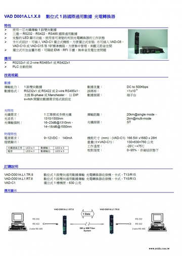 VAD-D001A.L1.X.8 VAD-D001A.L1.8 Digital 1 Channel Bi-Directional Data 一芯光纖傳輸1路雙向數據光電轉換器