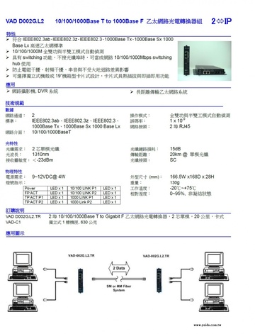 VAD-002G series 2-port Giga Ethernet Switch/Fiber Converter 10/100/1000Base T to 1000Base F 乙太網路光電轉換器組產品圖