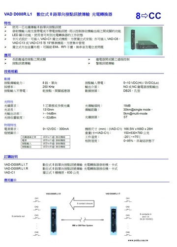 VAD-D008R.L1 Digital 8 Simplex Contact 一芯光纖傳輸8路單向接點訊號光電轉換器產品圖