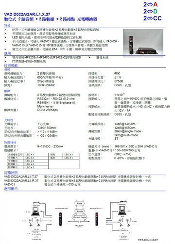 VAD-D022A/2AR.L1.X.37 一芯光纖傳輸2路雙向音頻+2路雙向數據+2路雙向接點訊號光電轉換器產品圖