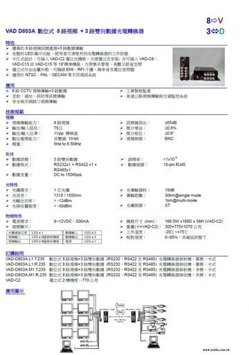 YD-VAD-D803A.L1 Digital 8 Video + 3 Bi-directional Data 數位式 8 視頻 加 3 雙向數據一芯光纖傳輸 光電轉換器