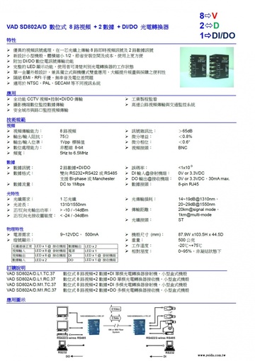 YD-VAD-SD802A/D.L1.TC/RC.37 Digital 8 Video + 2 Data + DI/DO一芯光纖上傳輸8路即時視頻訊號及2路數據訊號光電轉換器產品圖