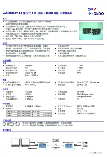 YD-VAD-SD200D-L1 TC/RC Digital 2 Video + DI/DO VAD-SD200/D.L1.TC/RC Digital 2 Video + DI/DO 一芯光纖傳輸2路高清即時視頻訊號及一路DI/DO訊號 光電轉換器