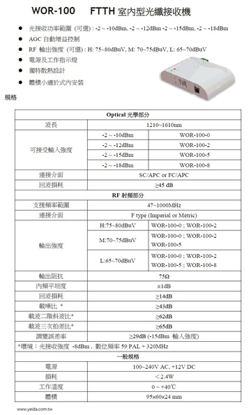 WOR-100 FTTH室內型光纖接收機產品圖
