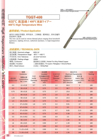 Yeida (NZ) TGGT-400 -80度C至+400度C 600V 高溫線/ 高溫ワイアー High Temperature Wire