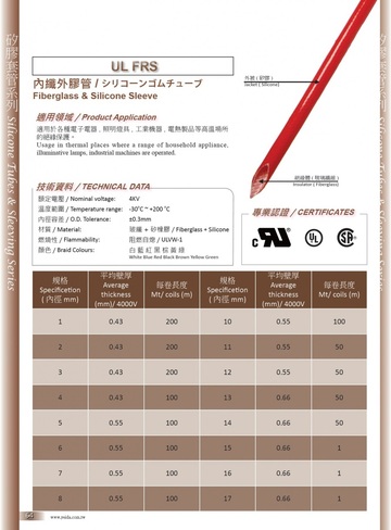 Yeida(NZ)-UL FRS 內膠外纖管 / シリコーンゴムチューブ -30度C至+200度C 4KV