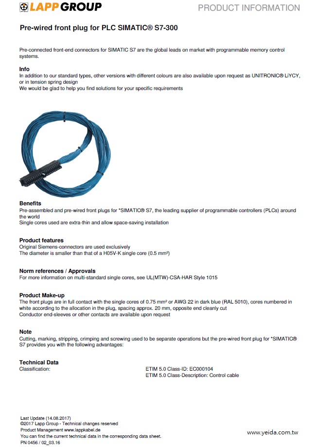 LAPP, Pre-wired front plug for PLC SIMATIC® S7-300 工業級含接頭連接線