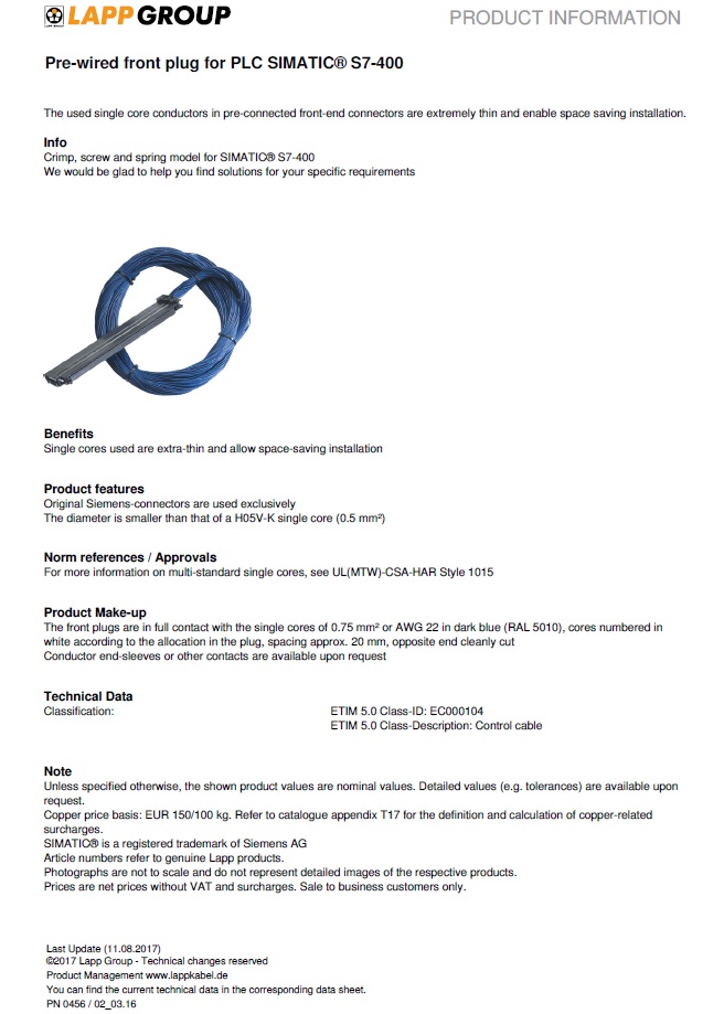 LAPP, Pre-wired front plug for PLC SIMATIC® S7-400 工業級含接頭連接線 Single cores used are extra thin and allow space saving installation產品圖