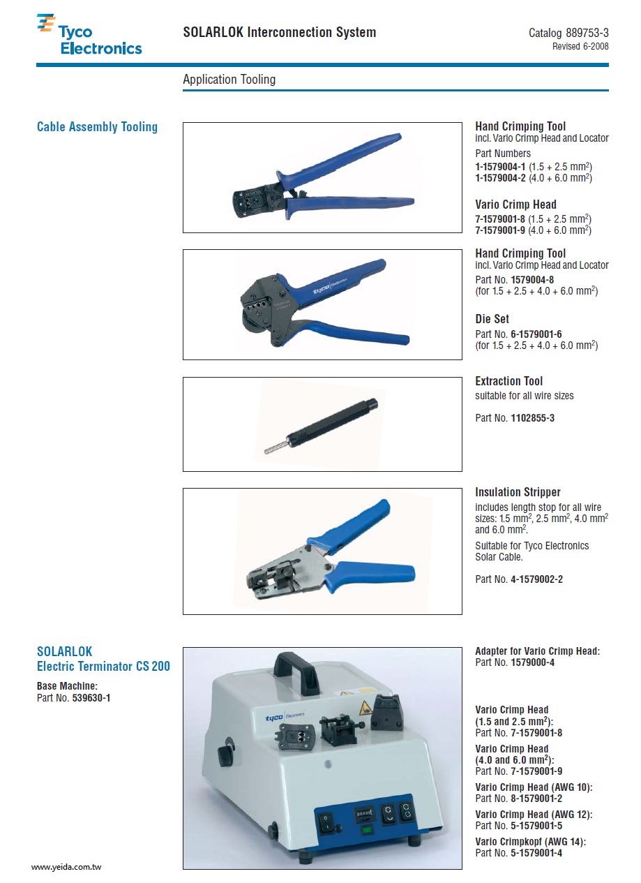 TE(Tyco) 1-1579004-1, SOLARLOK Interconnection System Application Tooling 太陽能發電系統應用工具