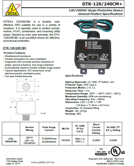 DITEK | DTK-120/240CM+ , 120/240 V AC Single Phase Arrester with LED Diagnostics 120/240 V交流單相避雷器帶LED診斷