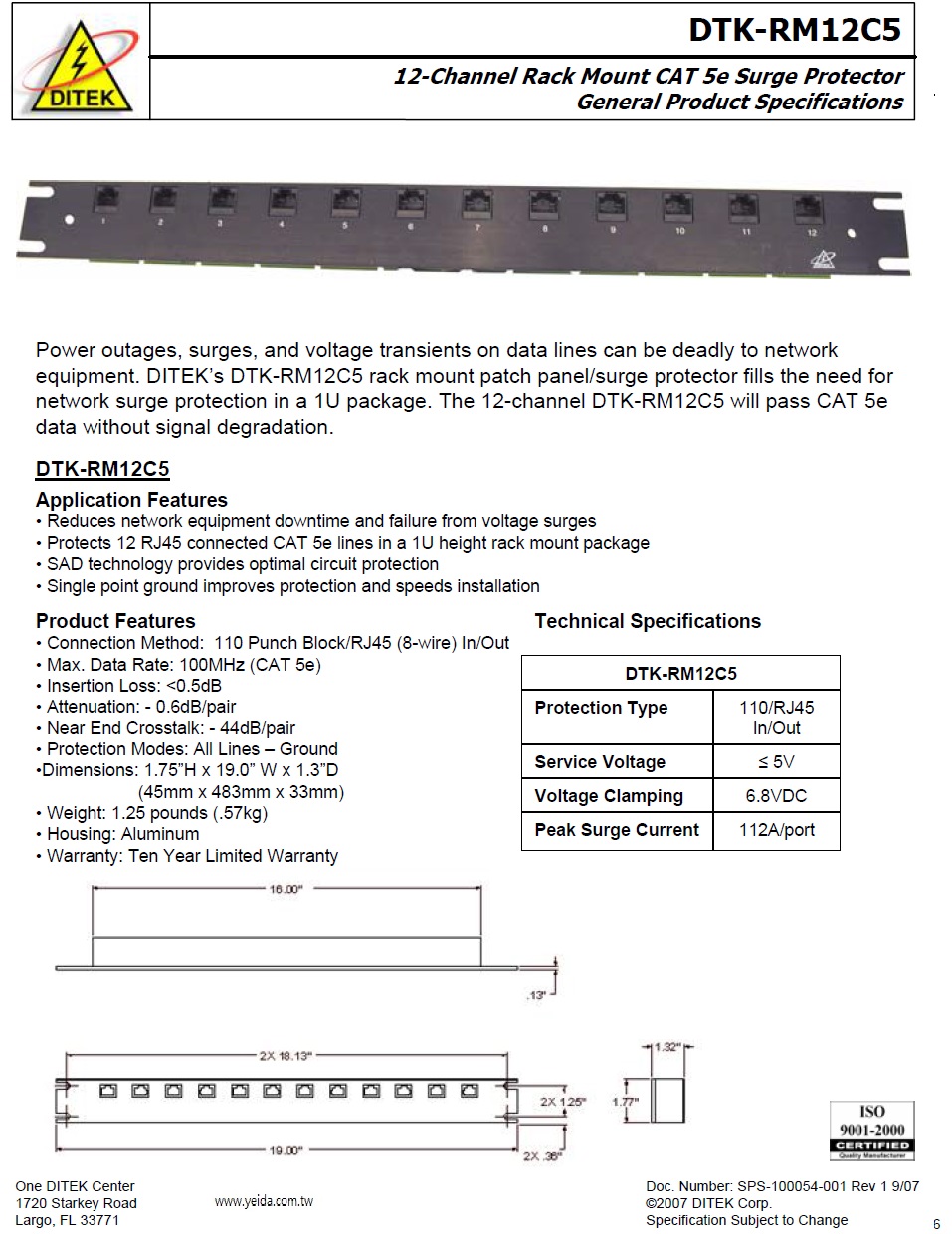 DTK-RM12C5 12P 19 吋機櫃式CAT 5數據或UTP線雷擊保護器