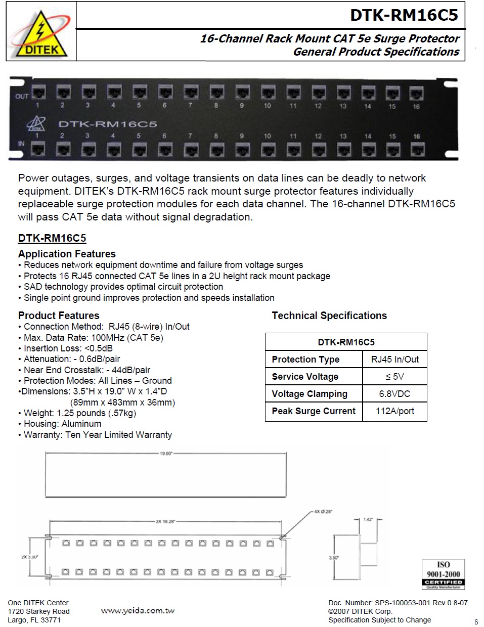 DTK-RM16C5 16P 19 吋機櫃式CAT 5資料或OSP線雷擊保護器產品圖