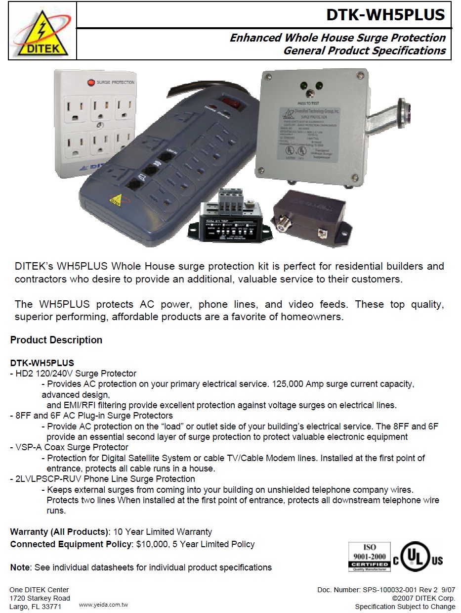 DTK-WH5PLUS (DTK – 120/240 DH2, DTK –2LVLPSCP-RUV 及 DTK – VSP - A)實用型全家住宅電器用品 系統雷擊保護器套件產品圖