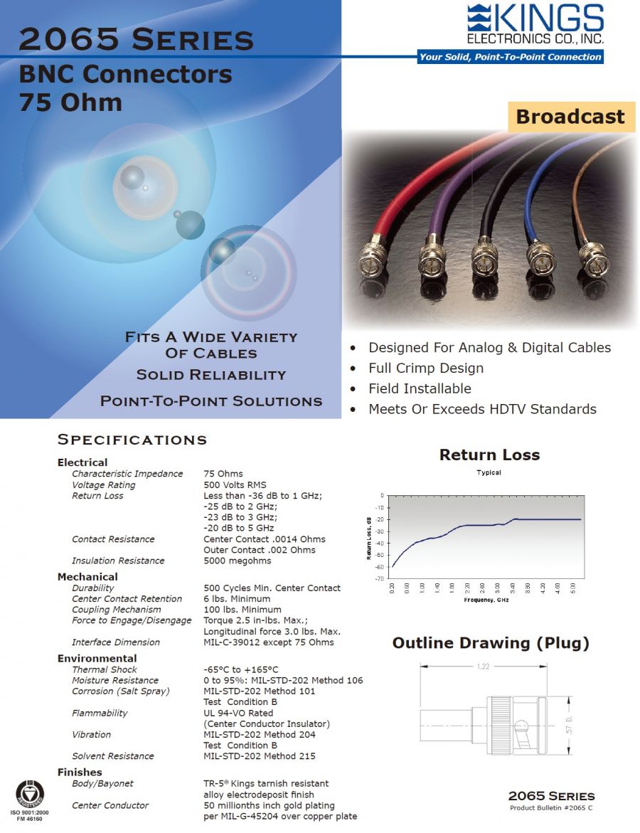 Kings2065-10-9, 75 Ohm RF高頻同軸電纜 RG-6 BNC接頭 for Belden 1694A產品圖