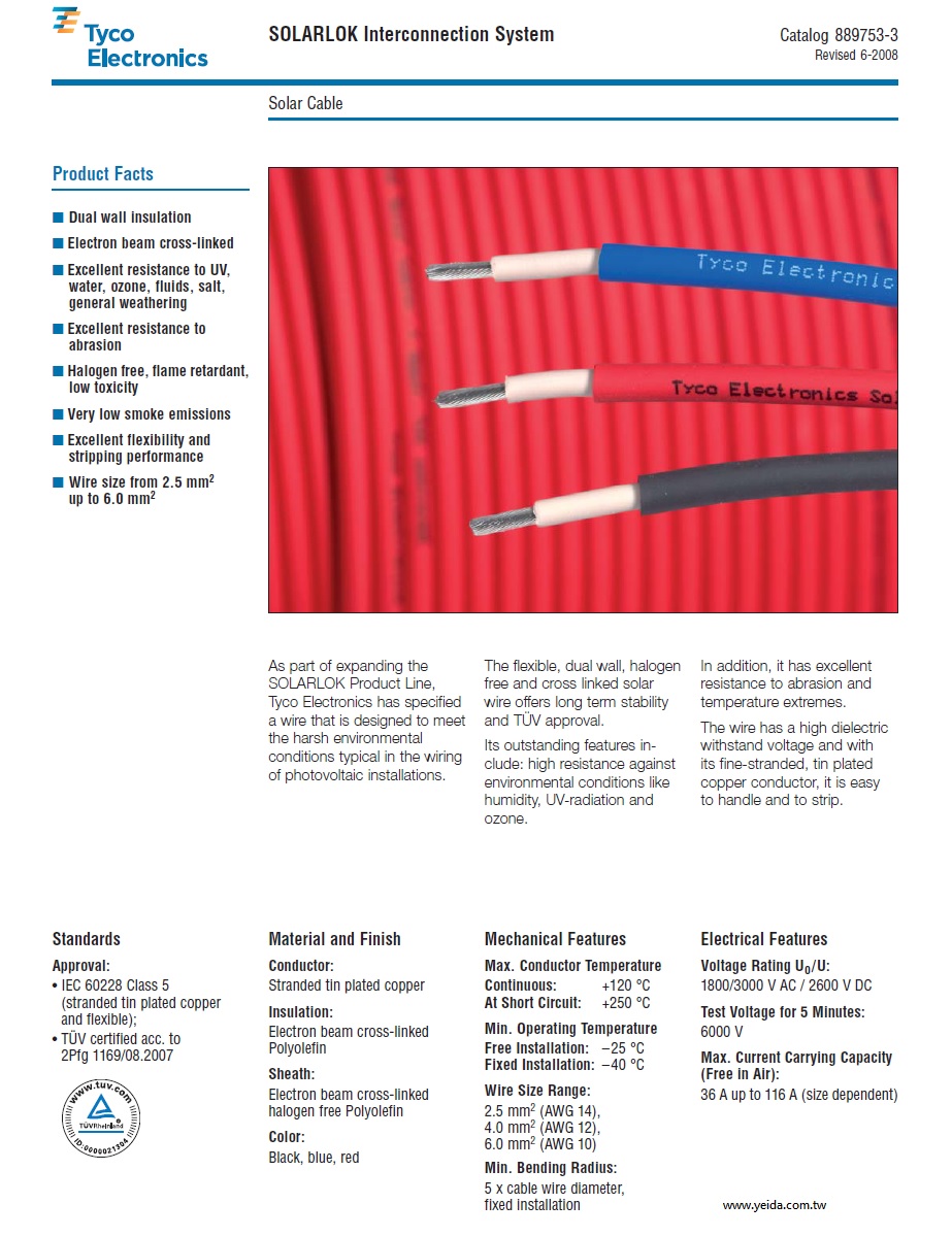 TE(Tyco)- Solar Cable 2.5, 4, 6, (mm2) TÜV UL approved 雙認證太陽能電線