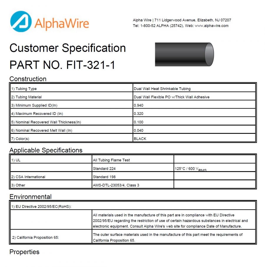 ALPHA-FIT-321-1 3:1 Dual Wall Flexible PO Thk Wall -55 to 125 CA Prop 65,  CSA 198, REACH Regulation, RoHS, UL 224 , 表面交聯,双面擠壓熱縮管| 宜大電線有限公司